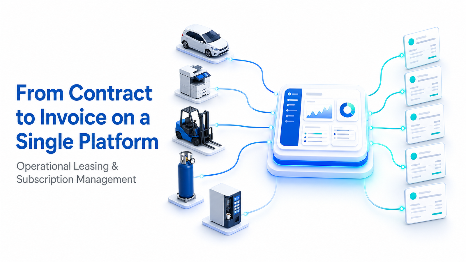 From Contract to Invoice on a Single Platform in Operational Leasing and Subscriptions, Your Margin is in the Billing Illustration symbolizing an operational leasing and subscription billing platform: a car, photocopier, forklift, gas cylinder, and coffee machine connect to a central dashboard, which in turn connects to a row of invoice documents