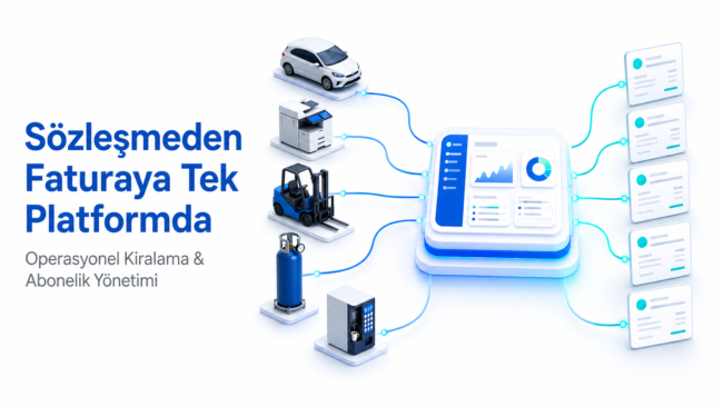 Sözleşmeden Faturaya Tek Platform – Operasyonel Kiralama ve Abonelik Yönetimi Operasyonel kiralama ve abonelik yönetimi platformunu simgeleyen illüstrasyon: araç, fotokopi makinesi, forklift, tüp ve kahve otomatı ikonları merkezi bir gösterge paneline, panel de sağda sıralı fatura belgelerine bağlanıyor