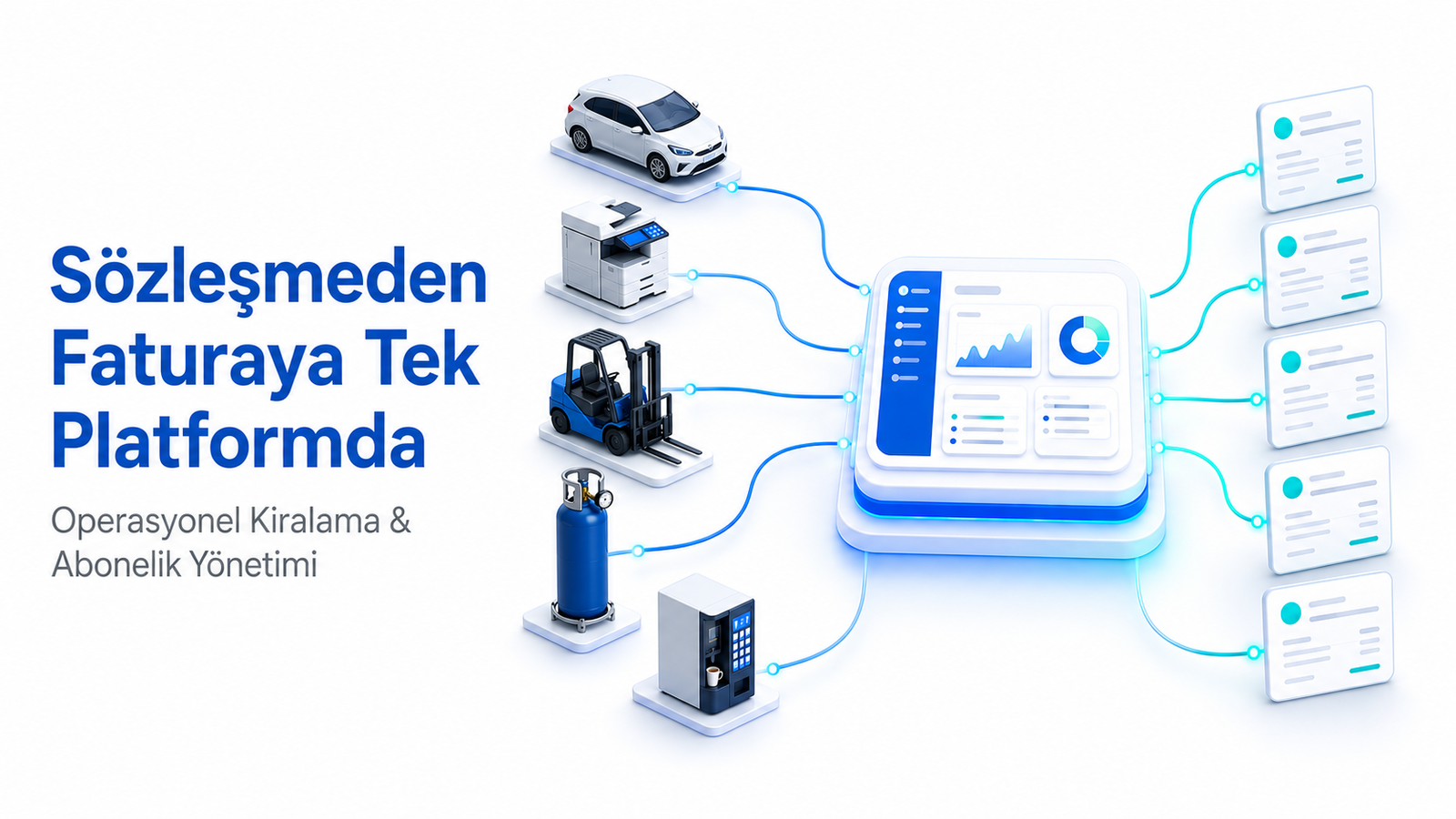 Sözleşmeden Faturaya Tek Platform – Operasyonel Kiralama ve Abonelik Yönetimi Operasyonel kiralama ve abonelik yönetimi platformunu simgeleyen illüstrasyon: araç, fotokopi makinesi, forklift, tüp ve kahve otomatı ikonları merkezi bir gösterge paneline, panel de sağda sıralı fatura belgelerine bağlanıyor